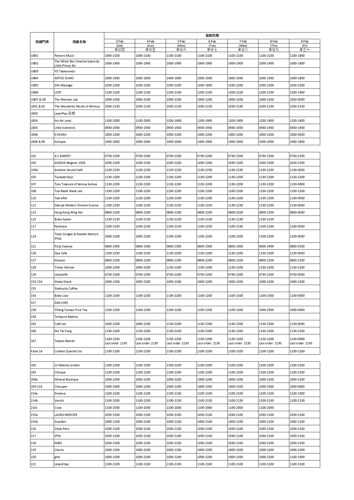 Extension of business hour during CNY period List) New Town Plaza